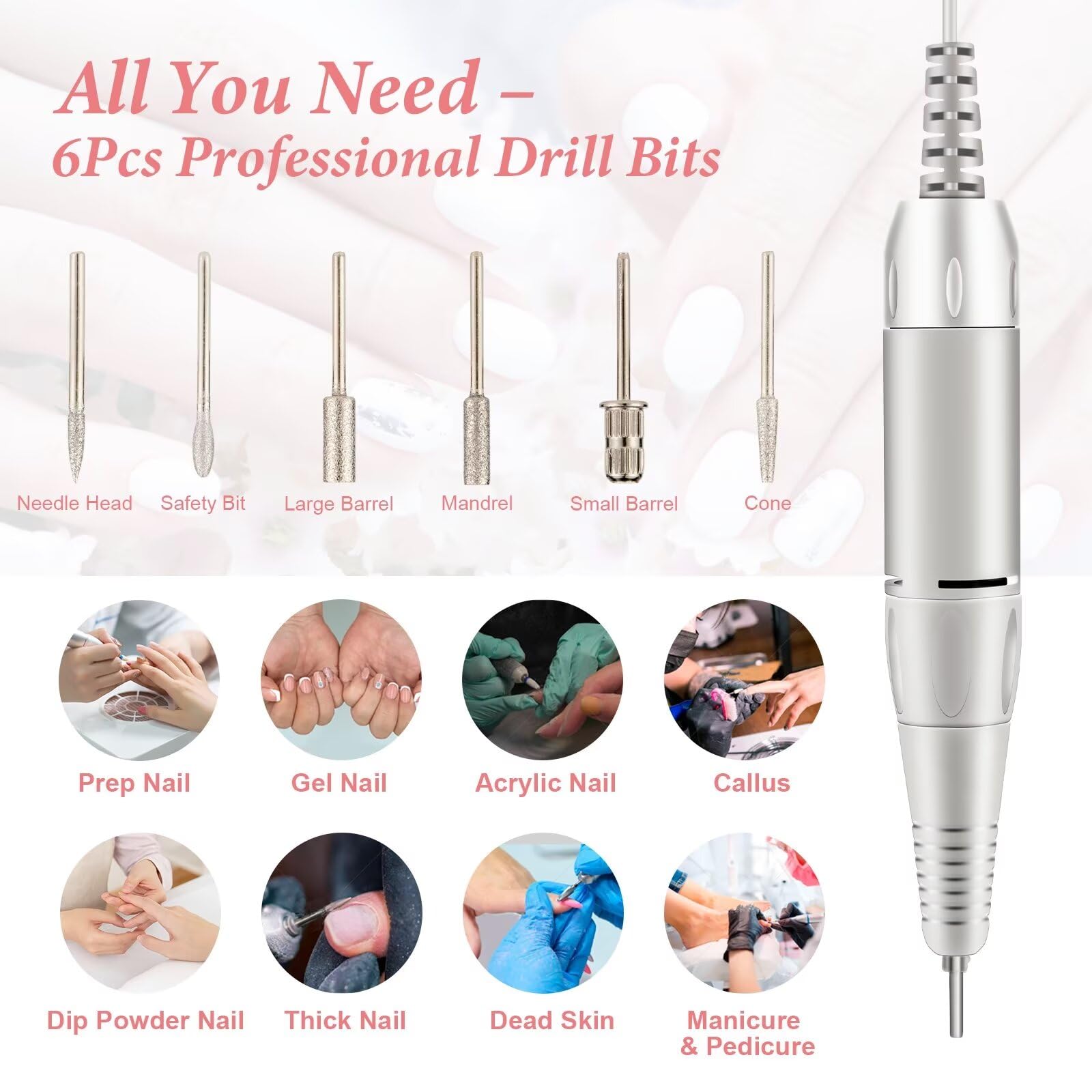 Electric Nail Drill, DELIFO Portable Nail Drill Professional PedicureRechargeable 35000 RPM Nail File Machine Acrylic Nails Polishing Tools with Bits LED Display for Home Salon Manicure - Image 3
