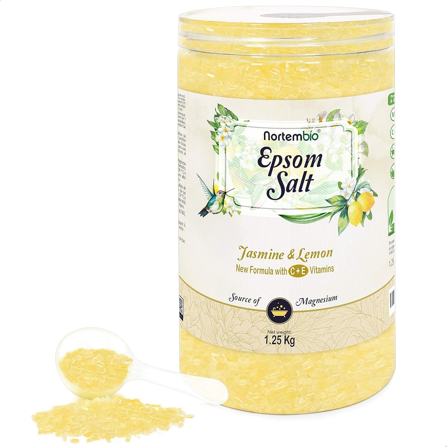Nortembio Epsom Salt 100% Jasmine & Lemon Fragrance 1,25 kg – Natural Source of Magnesium | with Moisturizing Vitamin C & E | for Relaxing Baths, Spa & Skincare + Free E-Book