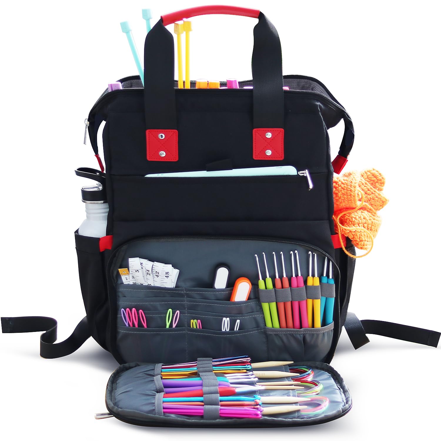 Hearth & Harbor Crochet Backpack, Crochet Bag Organizer, Canvas Knitting Bag, Yarn Organizer for Crochet Accessories and Supplies, Travel Yarn Bag with USB Charging Port, Yarn Storage Organizer