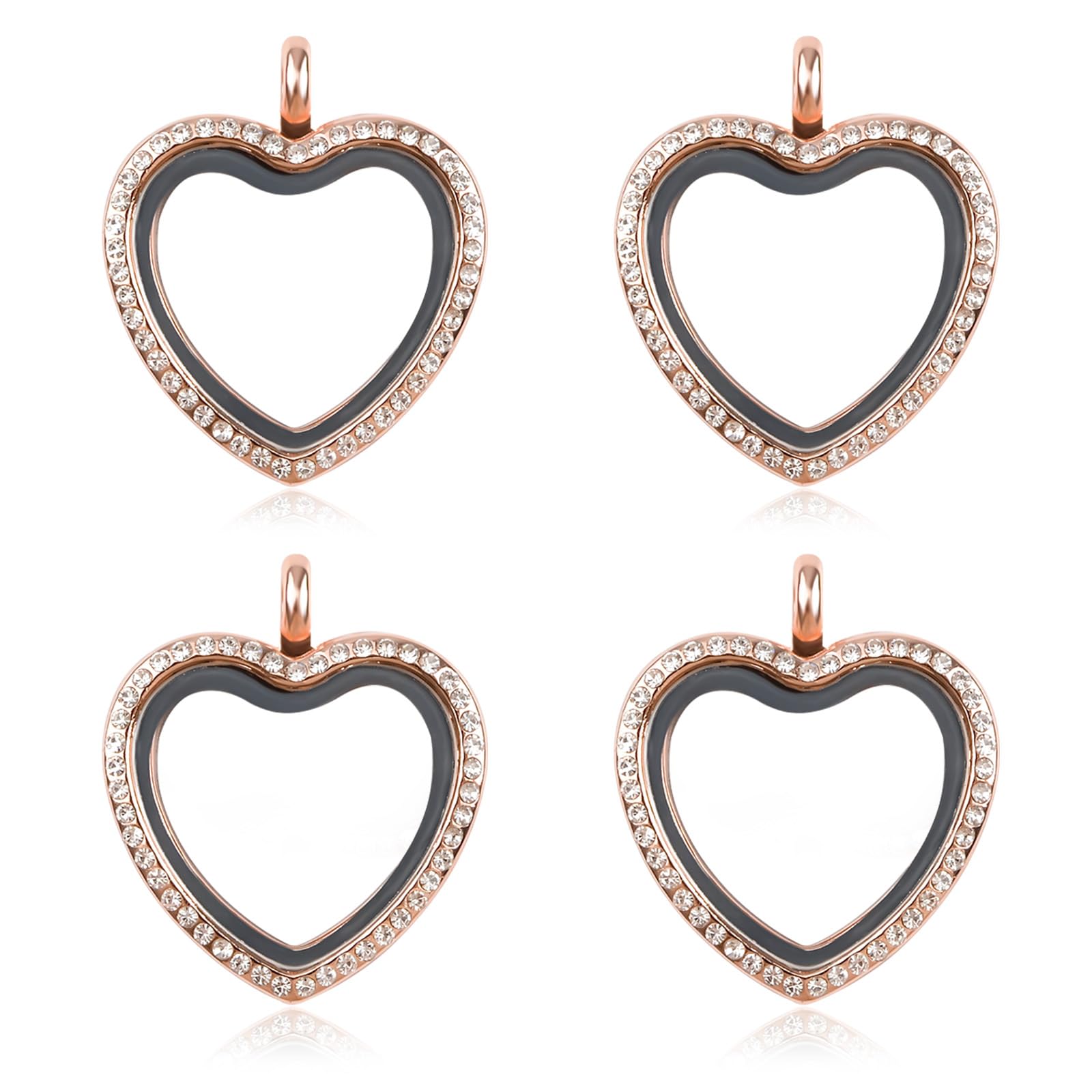 WANDIC Rhinestone Photo Charm, 4 Pcs Rose Gold Heart Crystal Photo Pendant Bridal Wedding Bouquet Charms Living Floating Memory Locket for 2 Pictures