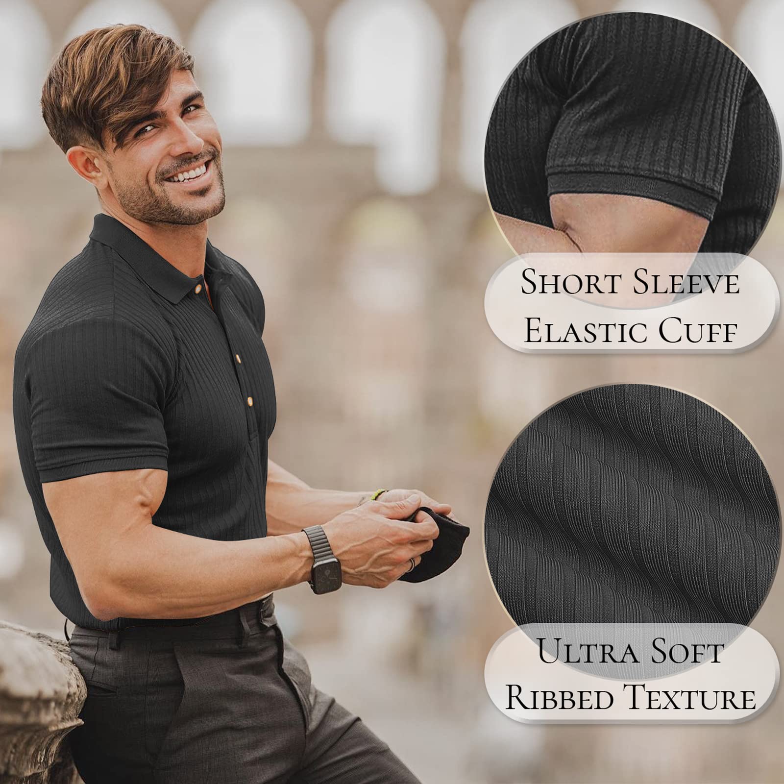 onzcy Muscle Polo Shirts for Men Short Sleeve Slim Fit Golf Shirts for Men Casual Dry Fit T Shirts Ribbed Knit Bowling Shirts