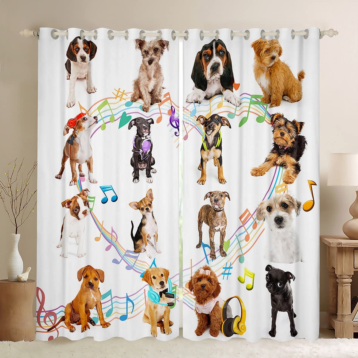 Cute Dog Window Drapes Kids Cartoon Pet Dogs Window Curtains for Bedroom Living Room Child Lovely Puppy Headphones Animal Curtain Colorful Music Notes Window Treatments,W46*L54