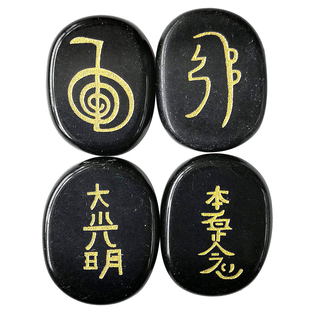 Loveliome 4 Pcs Black Obsidian Engraved Chakra Stones Healing Crystal Reiki Balancing Palm Stone, 25mm