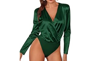 Chigant Women's Bodysuit Top Satin Long Sleeve V Neck Snap Closure Wrap Body Suits Leotard