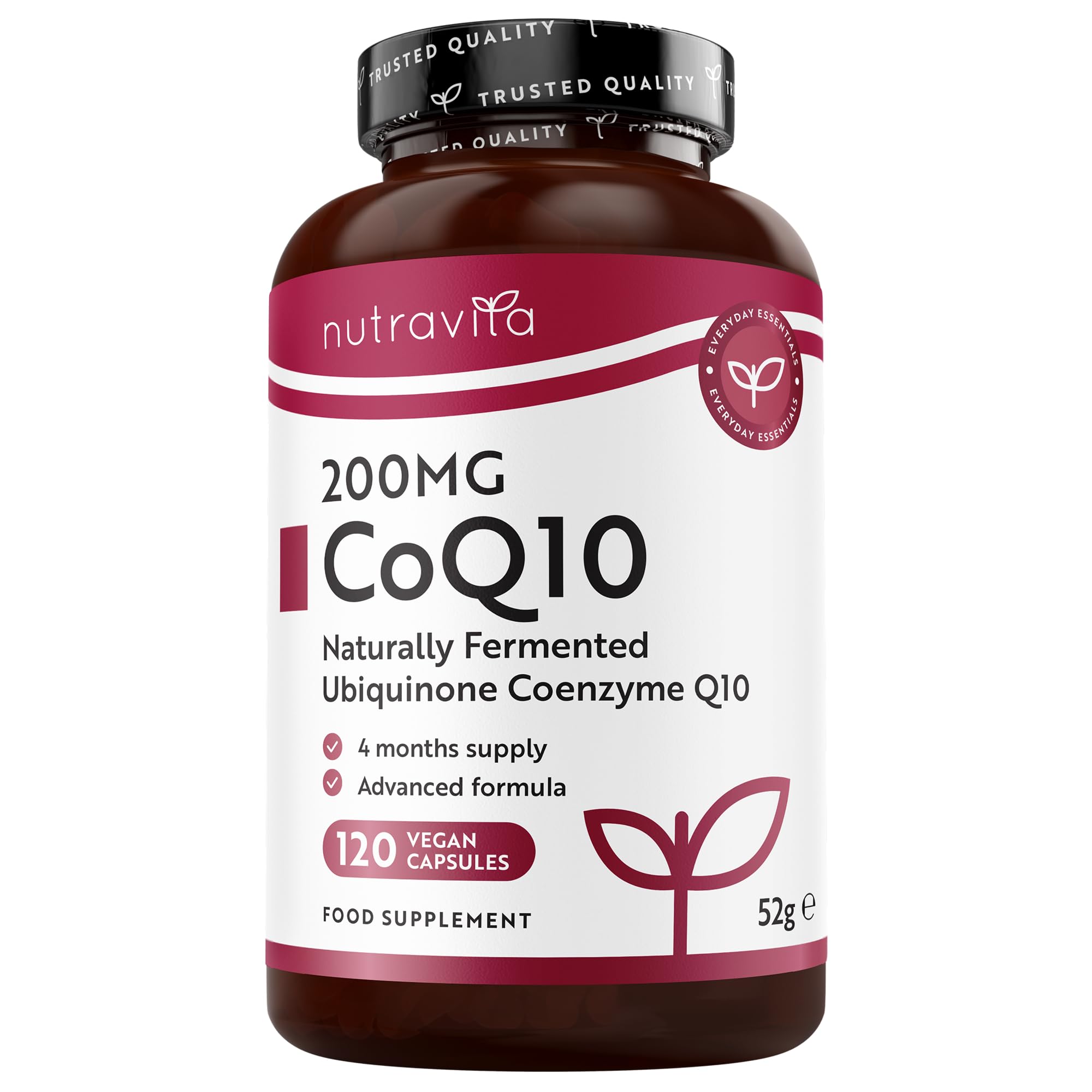 Nutravita CoQ10 200mg - 120 Vegan Capsules of High Strength Co Enzyme Q10 (4 Months Supply) - 100% Pure and Naturally Fermented Ubiquinone Coenzyme - No Synthetic Additives - Made in The UK