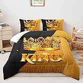 AILONEN Black and Gold Comforter Set, Full Size King Crown Couple Quilt Set,Valentine His Hers Comforter + 2 Pillowcases,3Pcs