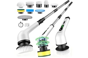 LXLU Electric Spin Scrubber, Cordless Cleaning Brush, Shower Scrubber IPX7 Waterproof Bathroom Scrubber, Adjustable Extension Handle, Floor Polishers 9 Heads 2H Power Dual Speed for Floor Car Cleaning