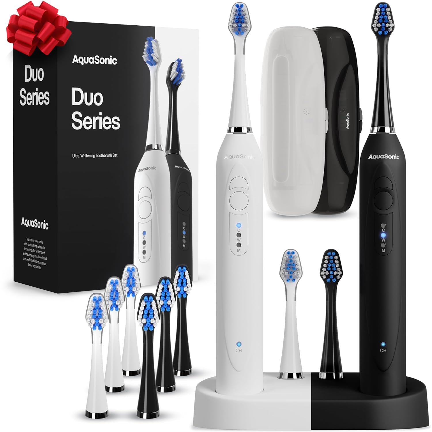 Photo 1 of Aquasonic Duo - Dual Handle Ultra Whitening 40,000 VPM Wireless Charging Electric ToothBrushes - 3 Modes with Smart Timers - 10 Dupont Brush Heads & 2 Travel Cases Included