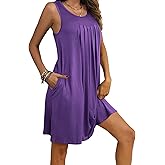 Ekouaer Women Nightgown with Pockets Sleep Shirts Sleeveless Sleepwear Pleated Front Nightshirt Round Neck Nightdress