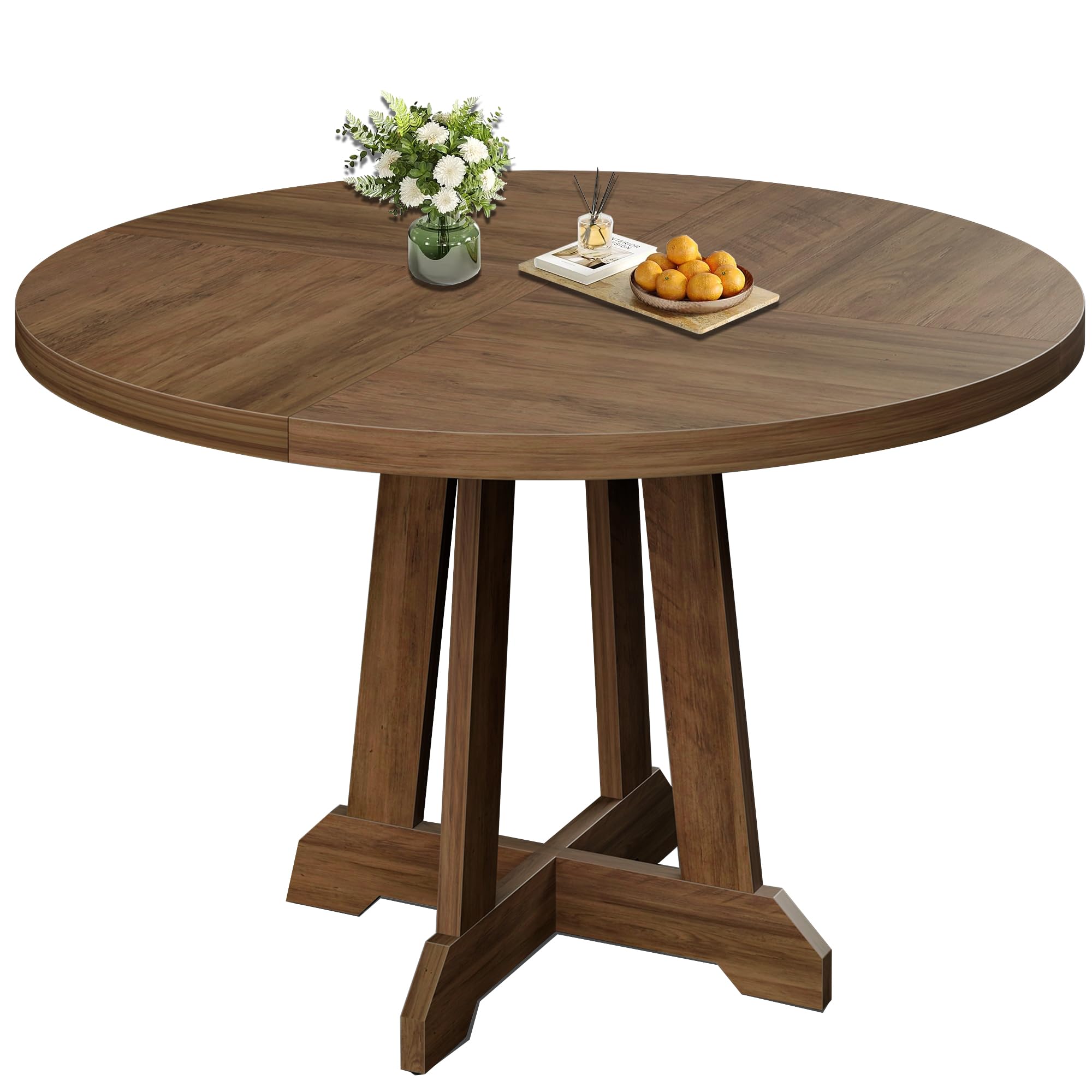 Photo 1 of GarveeHome Round Dining Table for 4,Kitchen Dining Room Circle Dinner Pedestal Table,Space Saving Wood Kitchen & Dining Room Furniture,Brown 47-inch Diameter