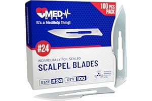 MedHelp Pack of 100 Disposable Scalpel Blades #24, Size 24 Surgical Blades, High Carbon Steel Dermaplane Blade Tool. Individually Wrapped #24 Scaple Blade, Sterile