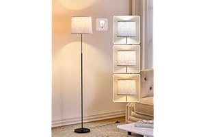 Hikczc 60" Modern Floor Lamp for Living Room Bedroom, Standing Lamp with Oatmeal Linen Lampshade, Tall Lamp with A19 9W 3 Color Temperature Bulb, Foot Switch Control, Black