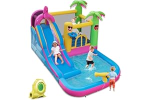 HONEY JOY Inflatable Water Slide, Giant Water Bounce House Park w/Climbing Wall & Splash Pool, Outdoor Blow up Water Slides I