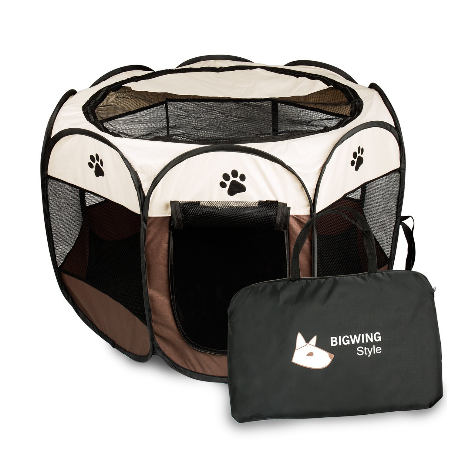 BIGWING Style Dog Playpen,Portable Foldable Puppy Playpen,Carrying Bag| Indoor/Outdoor use | Water Resistant | Removable Shade Cover | Dogs/Cats/Rabbit (29" x 29" x 17", Coffee)