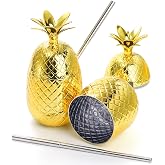 Okllen 2 Pack Plastic Pineapple Drink Cups, 16 OZ Gold Pineapple Tumbler with Stretched Straw, Hawaiian Luau Party Cups for Cocktail, Juice, Beer, Tiki Cups for Hawaiian Party Favor Decorations