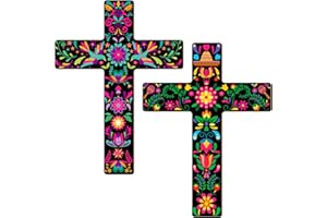 Pinkunn 2 Pcs Mexican Cross Wall Decor Floral Day of The Dead Decoration Hand Painted Wood Wall Art Día De Los Muertos Altar Decorations Sugar Skull Art Spanish Cross Church Decor for Home Indoor