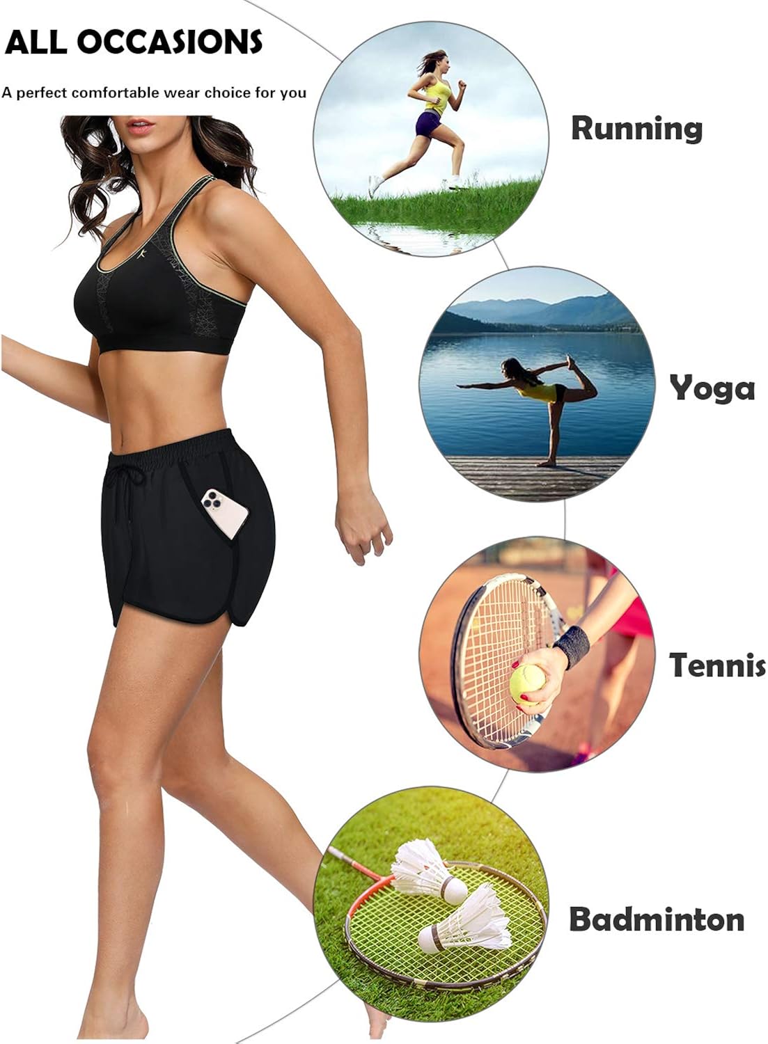 Fulbelle Womens Double Layer Drawstring Elastic Waist Athletic Shorts with Pockets: Clothing