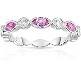 KOKAV 14K White Gold Genuine Pink Sapphire 1/2 Ct, Diamonds Band Ring, Size 7