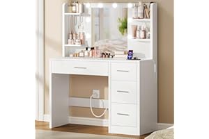 FIONESO Vanity Desk with Mirror and Lights, Makeup Vanity with Power Outlet and 4 Drawers & 6 Shelves & 5 Hooks, 3 Color Modes & Adjustable Brightness, White Vanity for Bedroom