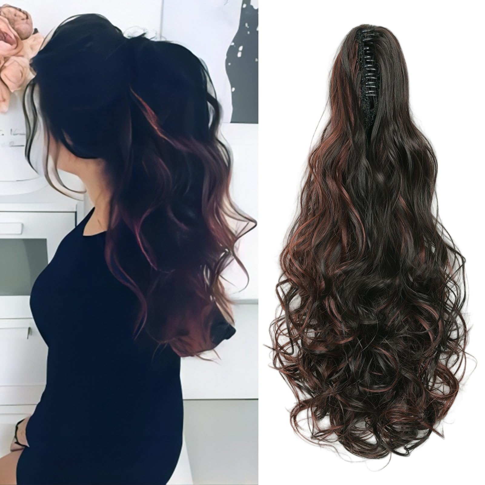 Cybelleza Ponytail Extension Curly Wavy Claw Jaw Pony Tail Clip in Hair Extensions Hairpiece Synthetic Long for Women (Dark Brown & Dark Auburn) — image 1