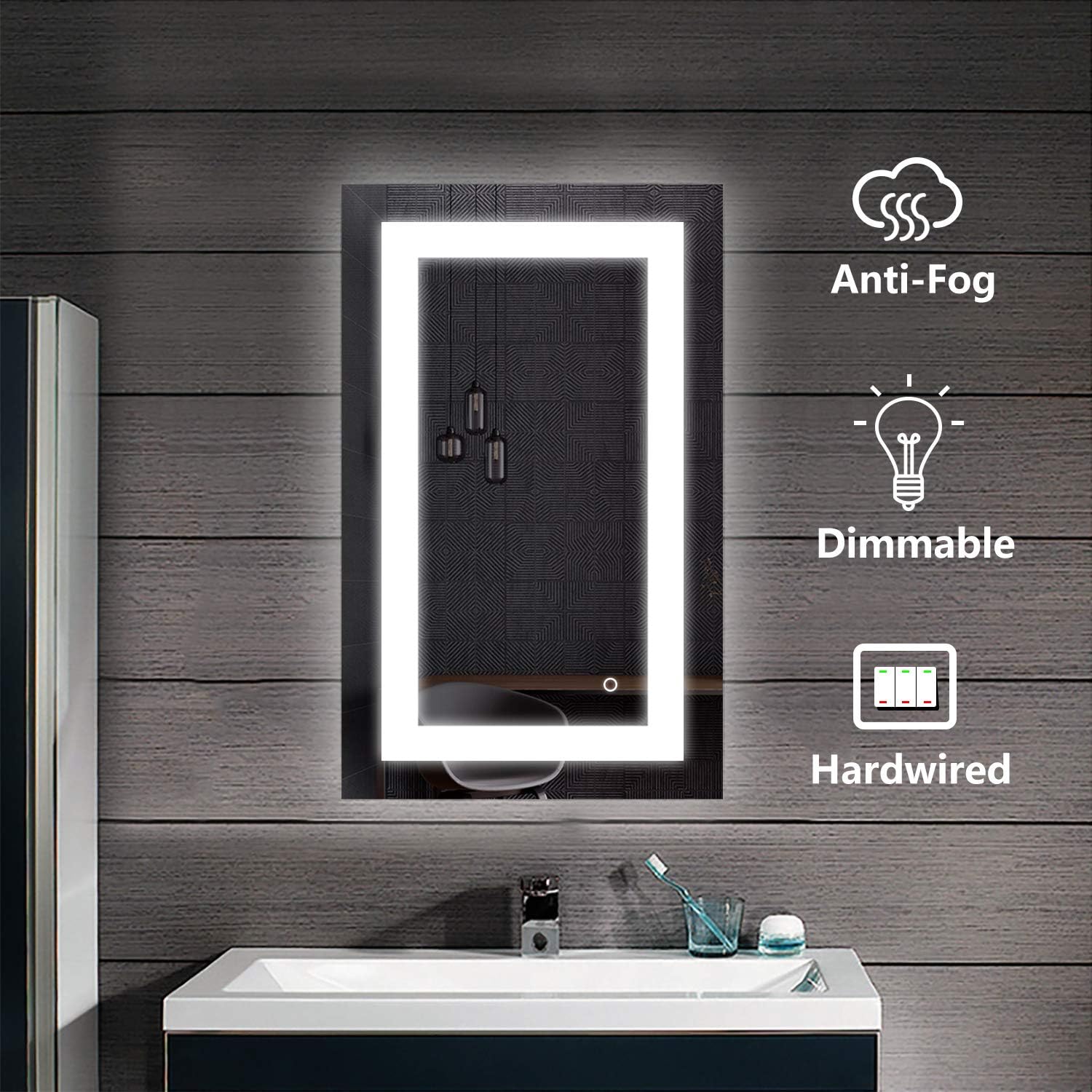 High Lumen CRI 90 White Light and AntiFog Function Damour 20x28 Lighted Bathroom Wall Mounted