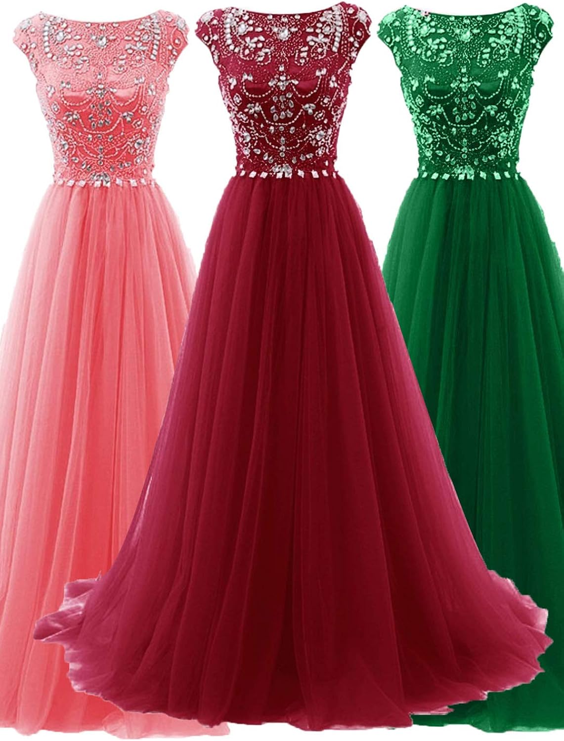 Promworld Women's Wedding Bridesmaid Dress Cap Sleeve Crystal Tulle Long Prom Dresses: Clothing