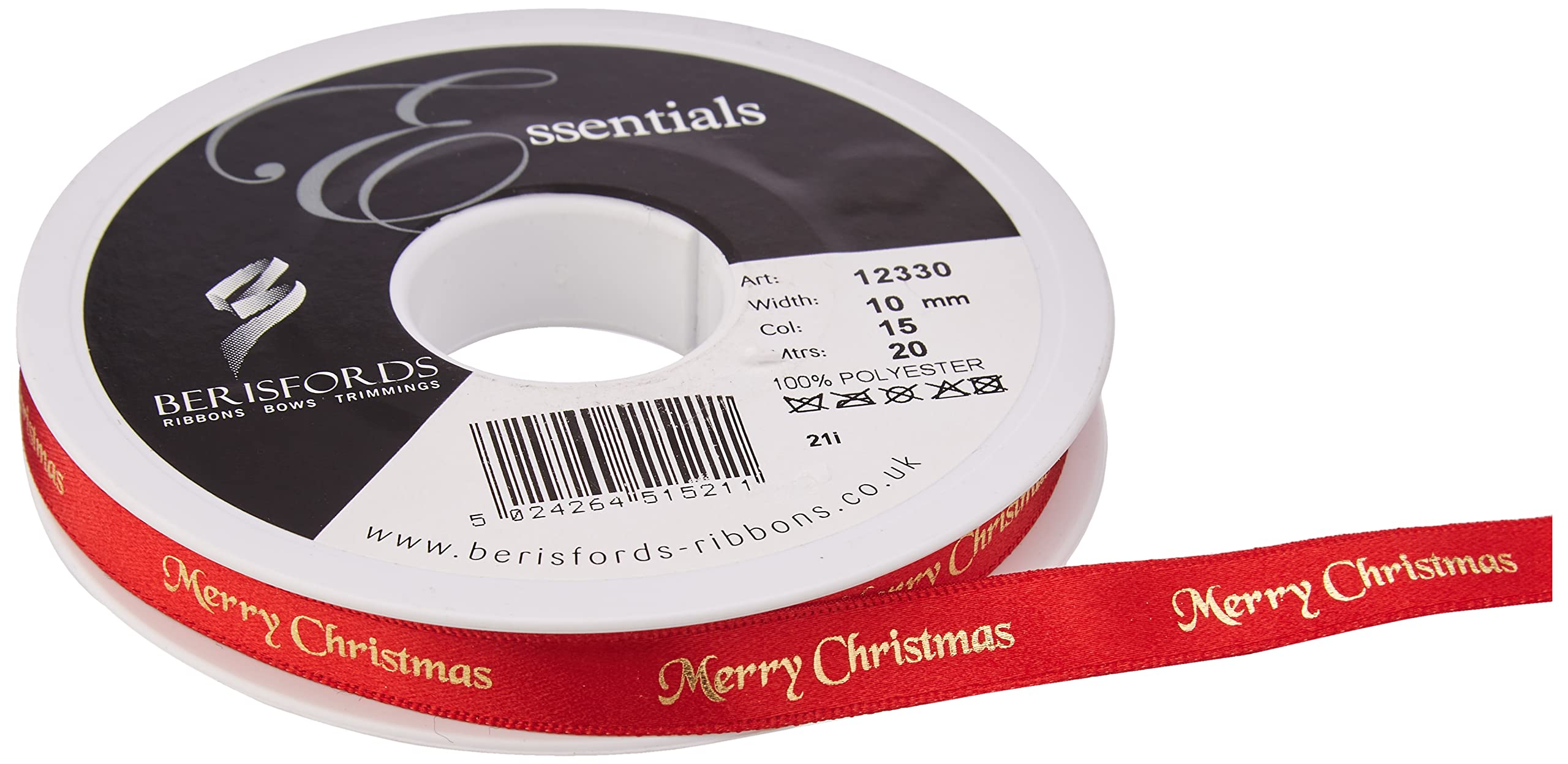 Berisfords 10 mm Merry Christmas Ribbon, Red, 12330-R-10
