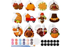 Perthlin 12 Pcs Ceramics to Paint Thanksgiving Fall Painting Crafts Halloween Day of The Dead DIY Crafts with Pastel Brush Palette Magnet for Party Decor Classroom Gifts Supplies(Thanksgiving)