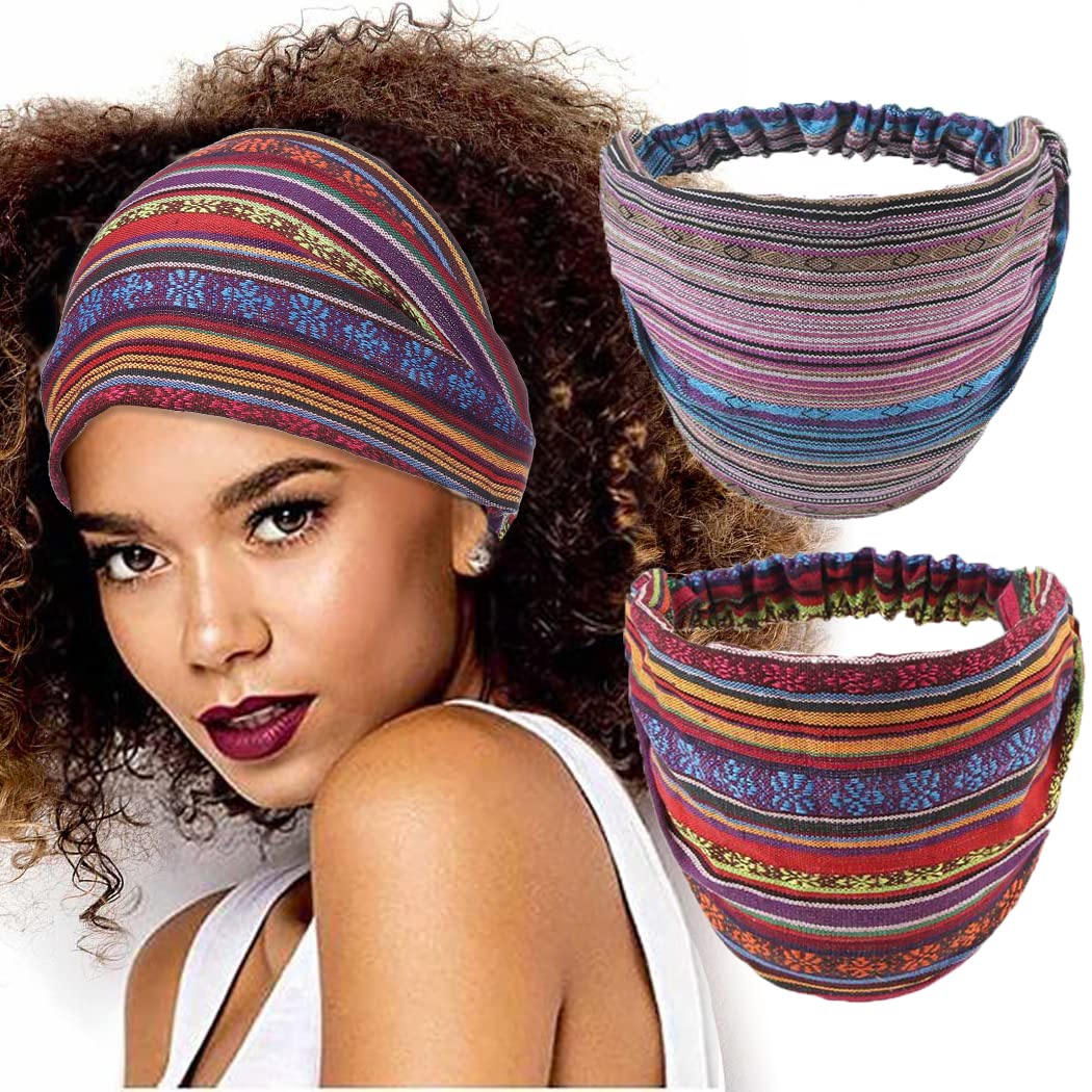 Fashband Boho Wide Headbands Vintage Stripe Headband Red Elastic Yoga Hair Bands Non Slip Head Scarf Hair Accessories for Women and Girls(Pack of 2)