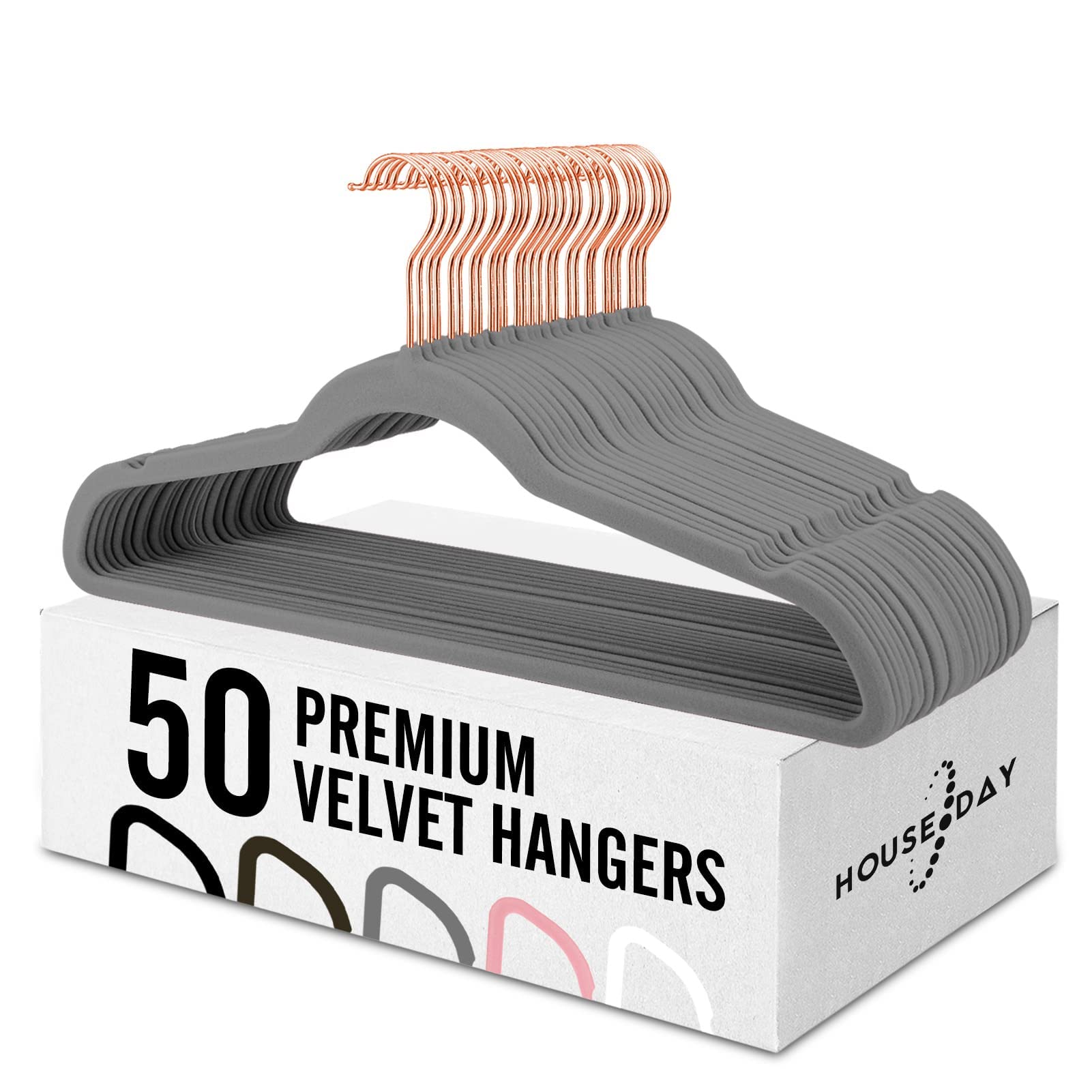 House Day Heavy Duty Velvet Hangers 50 Pack for Adults(45cm) - Grey Luxury Hanger Non-slip Flocked Hangers for Clothes with 360° Swivel Hook,Space Saving Coat Hangers Durable Felt Hangers for Suit
