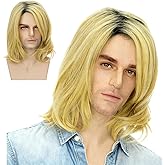 FATMAUI Short Mens 70s Blonde Yellow Hair Pelucas with Dark Root Synthetic Halloween Costume Realistic Wig