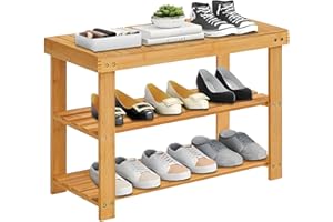 APRTAT 3-Tier Bamboo Shoe Rack Bench, Shoe Storage Organizer Bench, Entryway Bench, Shoe Rack for Front Door Entrance, Entryway Bathroom Bedroom (Nature, Small)