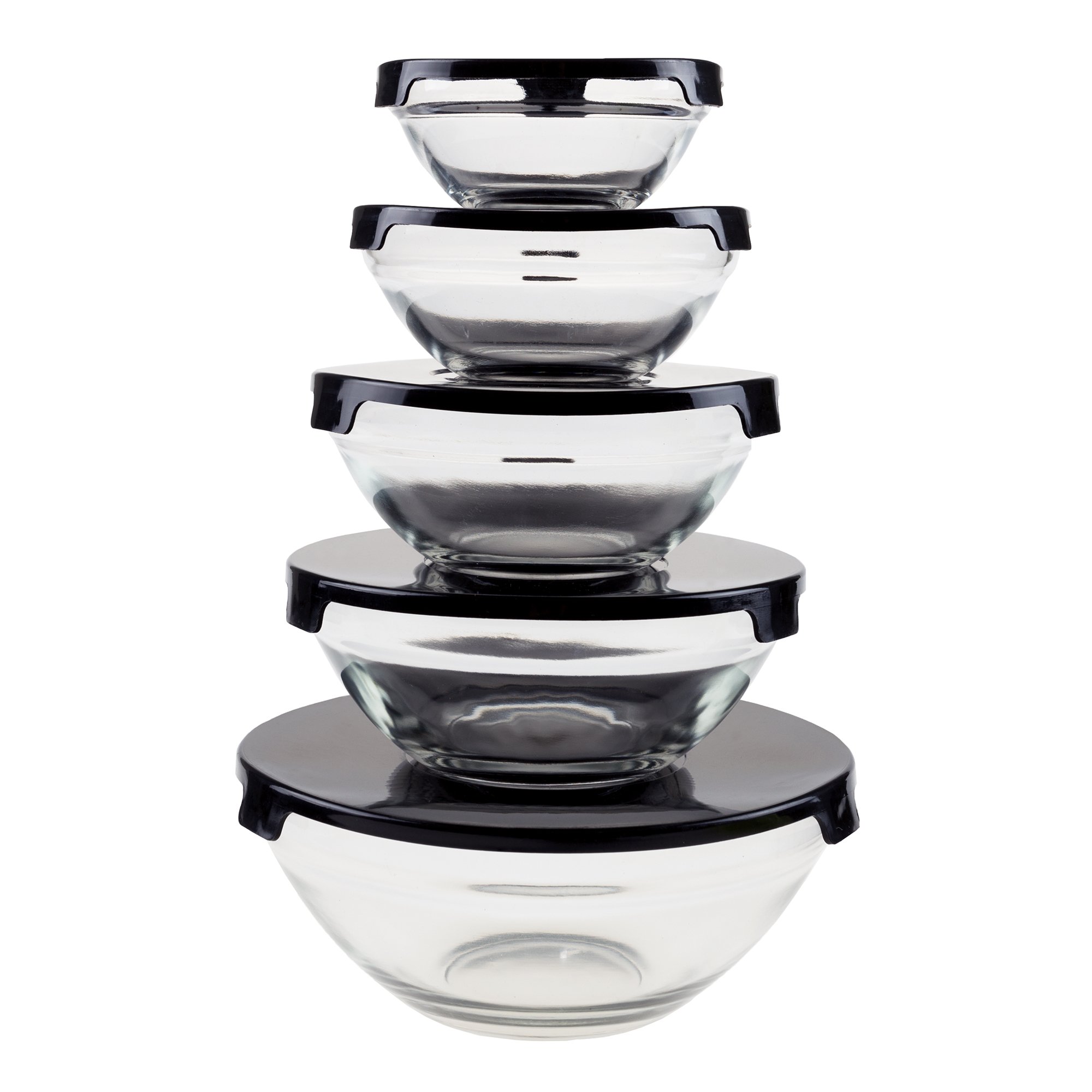 Chef Buddy Glass Food Storage Containers with Snap Lids- 10 Piece Set with Multiple Bowl Sizes for Storage, Meal Prep, Mixing and Serving (Black)