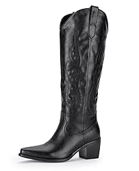 Pasuot Knee-High Wide Calf Cowgirl Boots - Black