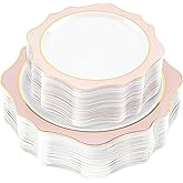 realluck 100 PCS White and Pink Disposable Plates for 50 Guests, Scalloped Plastic Plates Include 50 Dinner Plates and 50 Dessert Plates for Party, Wedding and Graduation
