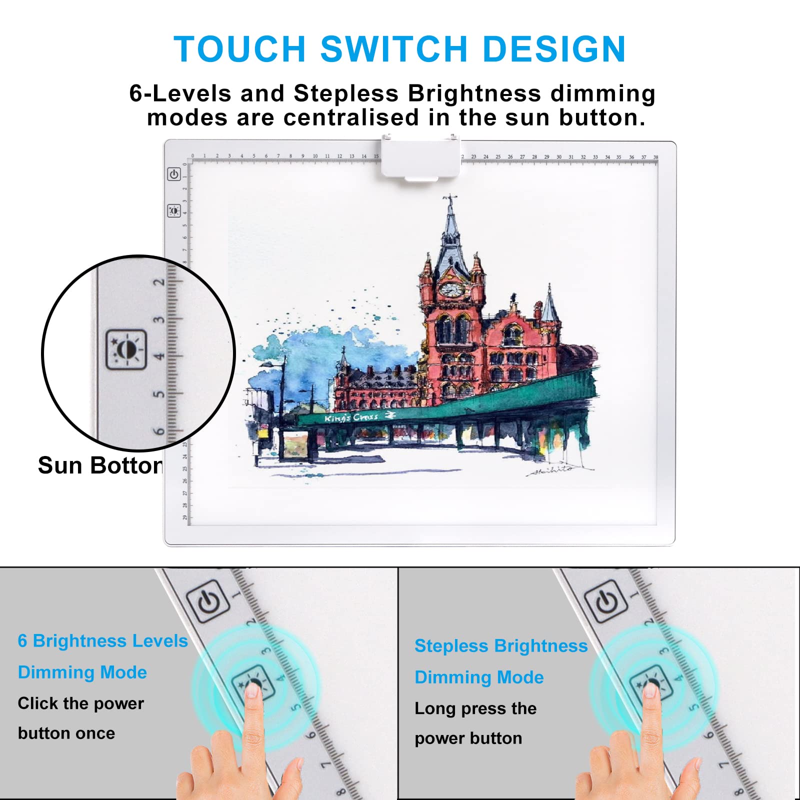 A3 Rechargeable Light Pad with Case, TOHETO 2500mAh Battery Powered Light Board with Stand and Top Magnetic Clip 3 Colors Stepless Dimmable 6 Levels Brightness Light Box for Diamond Painting (White)