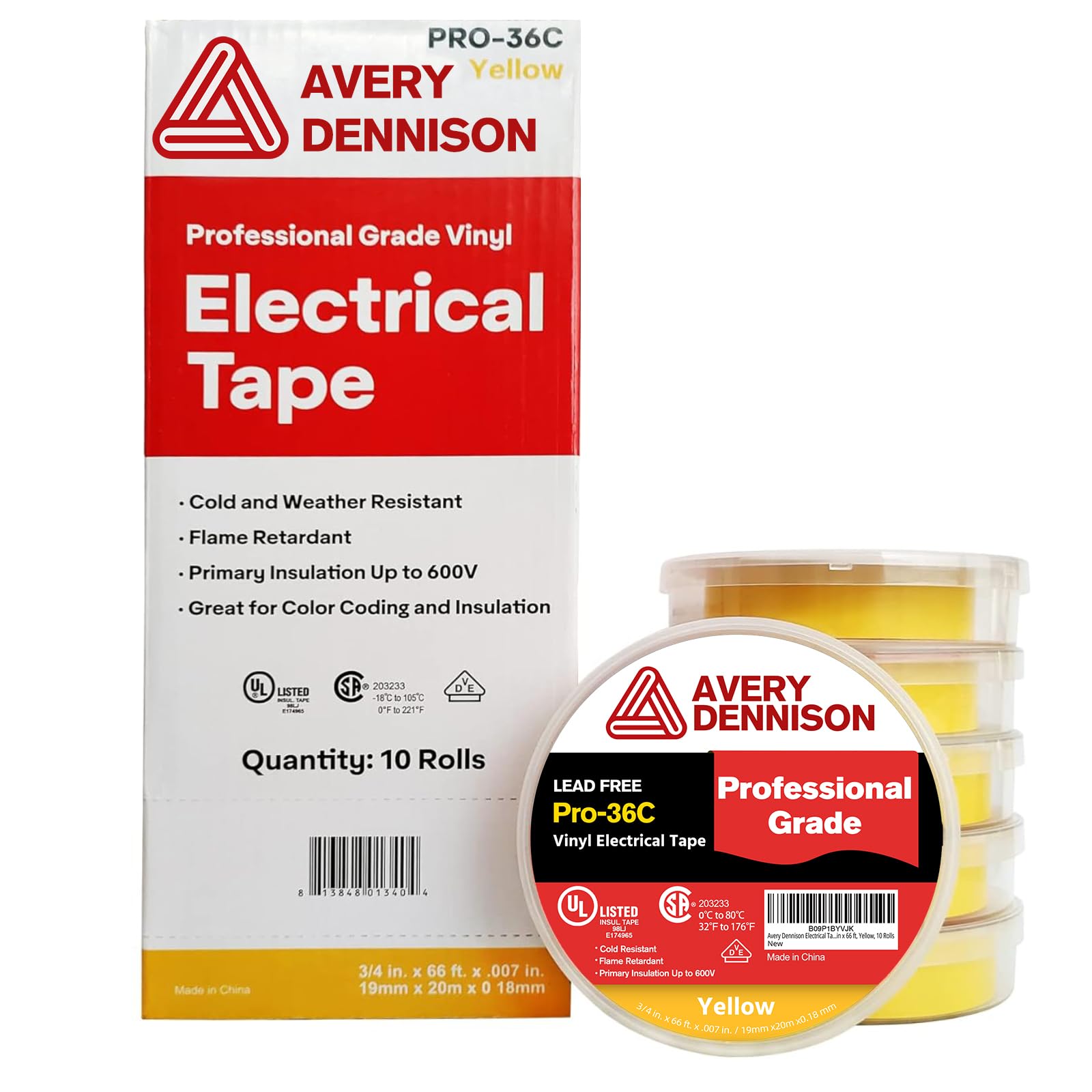 Avery Dennison Electrical Tape, 10 Rolls Professional Grade PVC Electric Tape, UL/CSA Listed ¾ in x 66 ft Insulating Vinyl Tape for Electrical, Repairs, Automotive and Equipment, Pro-36C, Yellow Image