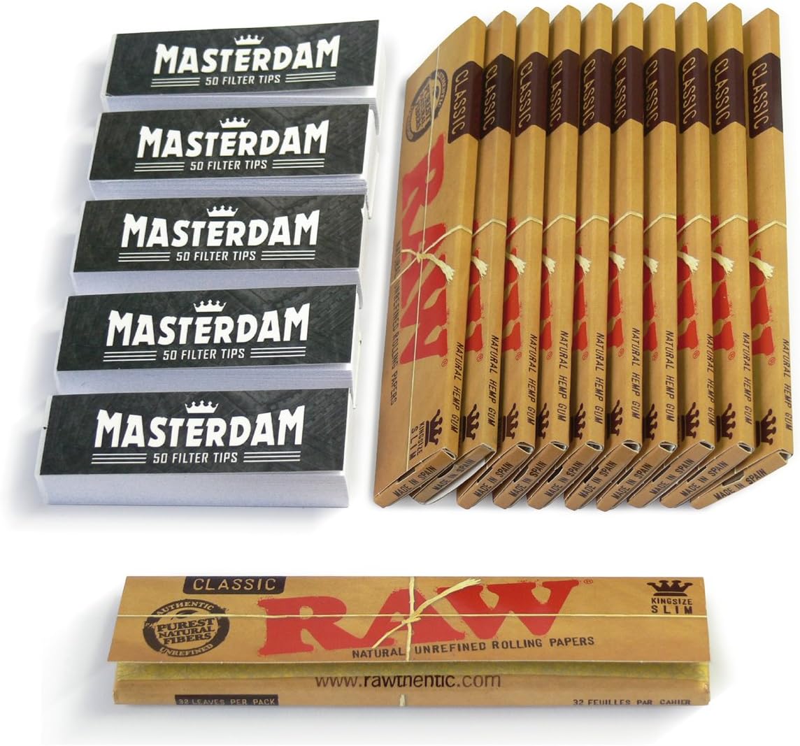 [10 Pack] RAW Classic Unbleached King Size Slim Rolling Papers + [Bonus