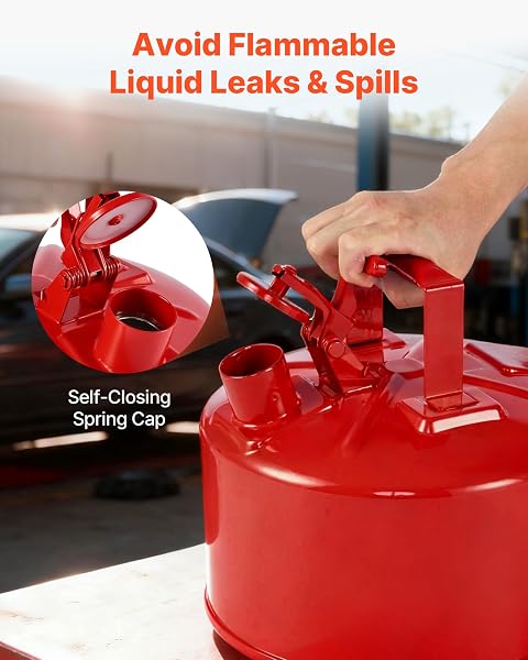 VEVOR SAFETY METAL CONTAINER, 2.5 GALLON TYPE I RED METAL CONTAINER FOR LIQUID MATERIAL WITH STAINLESS STEEL FLAME ARRESTER, SELF-CLOSING LID & PE FUNNEL, CARBON STEEL FLAMMABLE SAVING WITH HANDLE