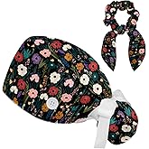 CRFGBSF Scrub Caps Women Ponytail, Surgical Caps with Bouffant Scrunchie, Adjustable Scrub Hats for Nurse Long Hair, Bohemian Style Plant Floral Seamless Flowers Multicoloured