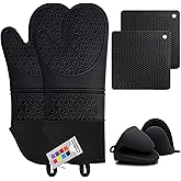 Silicone Oven Mitts and Pot Holders Sets, MTZRFLL Extra Long Heat Resistant Oven Gloves with Hot Pads and Mini Oven Mits Set for Kitchen Baking Cooking, Soft Quilted Lining, Pack of 6 (Black)