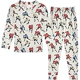 ALAZA Red Blue Ice Hockey Player Stylish Cartoon Pajamas Long Sleeve Sleepwear 2-Piece Pajama Set