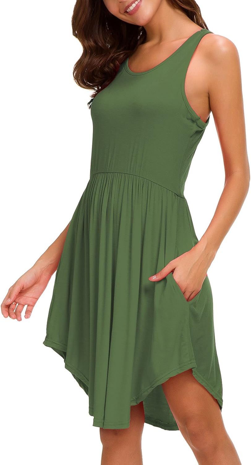 Womens Sleeveless Asymmetrical Racerback Tank Dress Short Dress with Pockets Army Green at 
