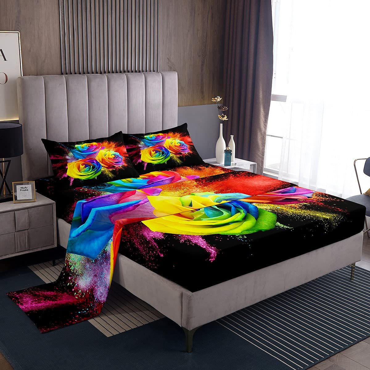 Loussiesd Girls' Cute Floral Bedding Set - King Size, 4Pcs: 1 Flat + 1 Fitted Sheet + 2 Pillow Cases, Tie Dye Botanical, Blossom Rose Flowers — image 1