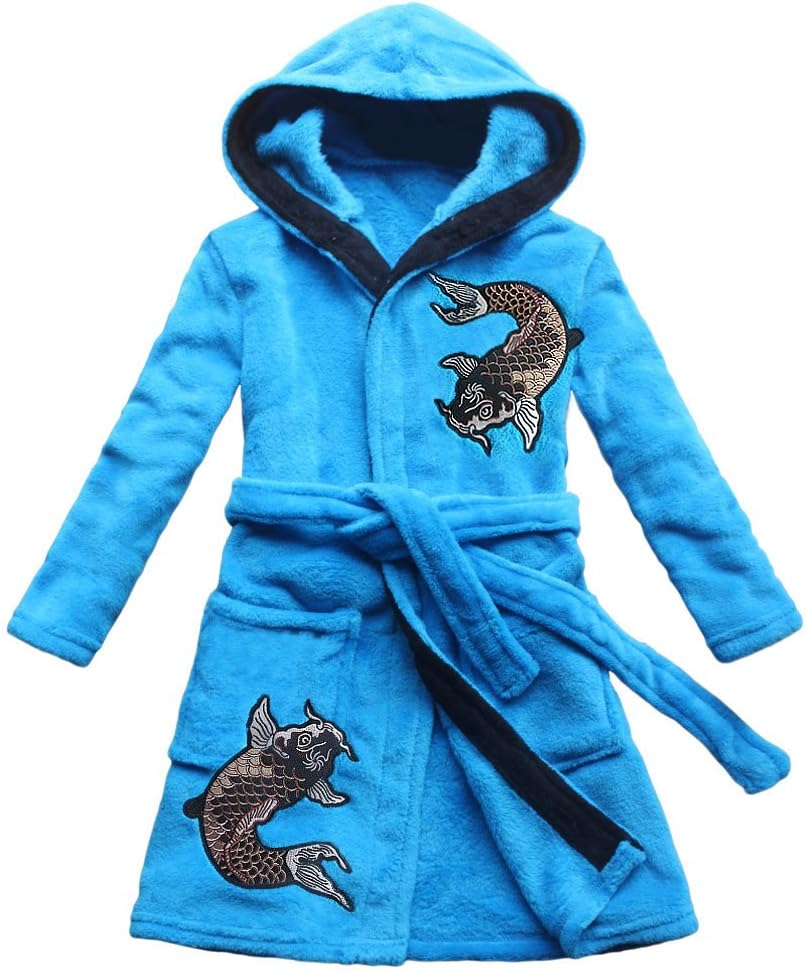 FEETOO Chinese Style Carp Embroidery Nightgown Children's Bathrobes Coral Velvet Home Robe Boy Bathrobe