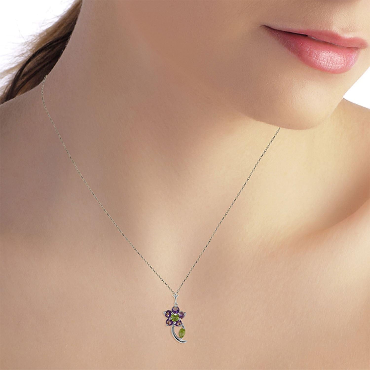 ALARRI 0.87 Carat 14K Solid White Gold Love Heals Amethyst Peridot Necklace with 20 Inch Chain Length