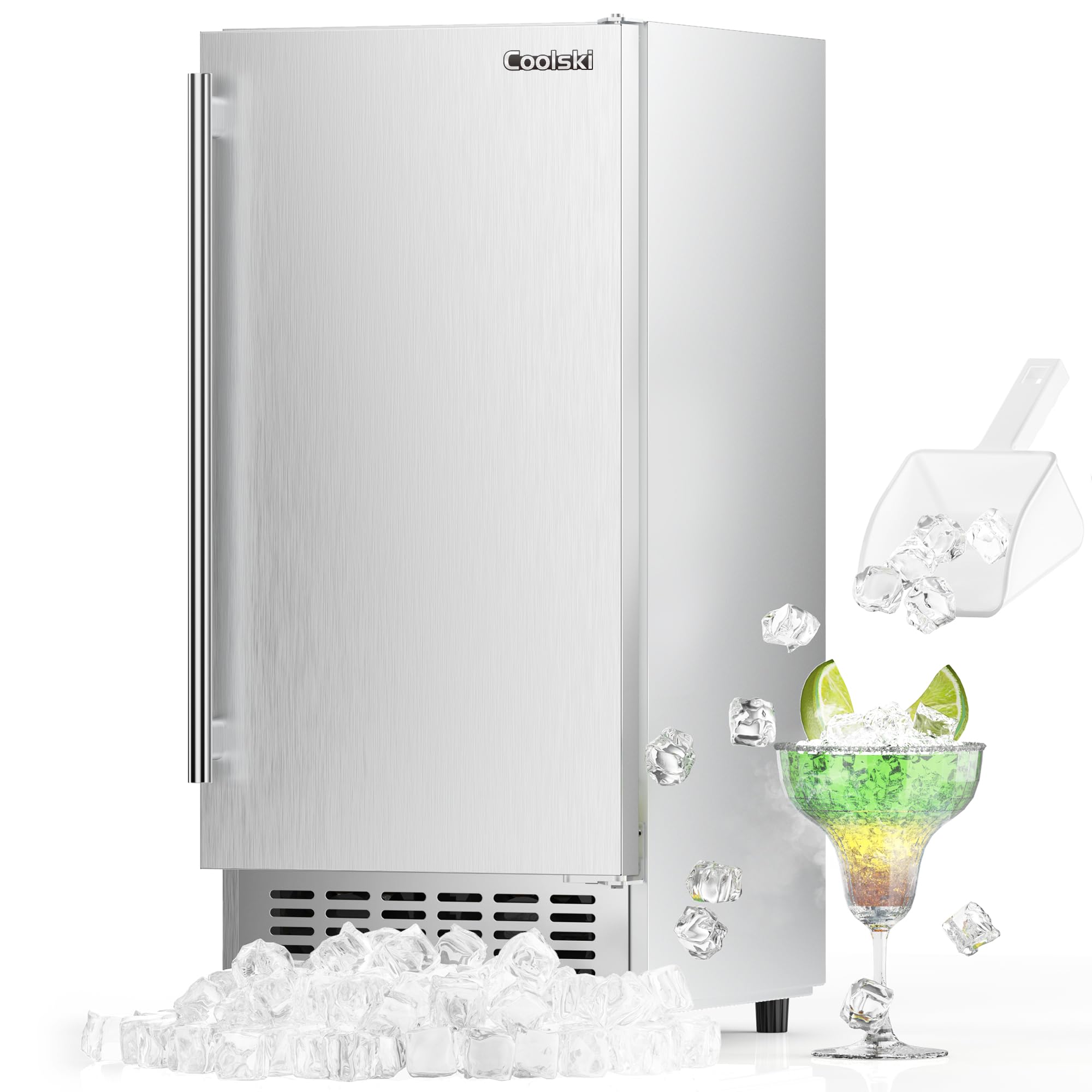 Photo 1 of Coolski Under Counter Ice Maker Machine, Stainless Steel Built-in Freestanding Ice Maker for Commercial & Home Use, 80 Lbs/Day, 30 Lbs Storage, Self Cleaning, Thicknesses Adjustable