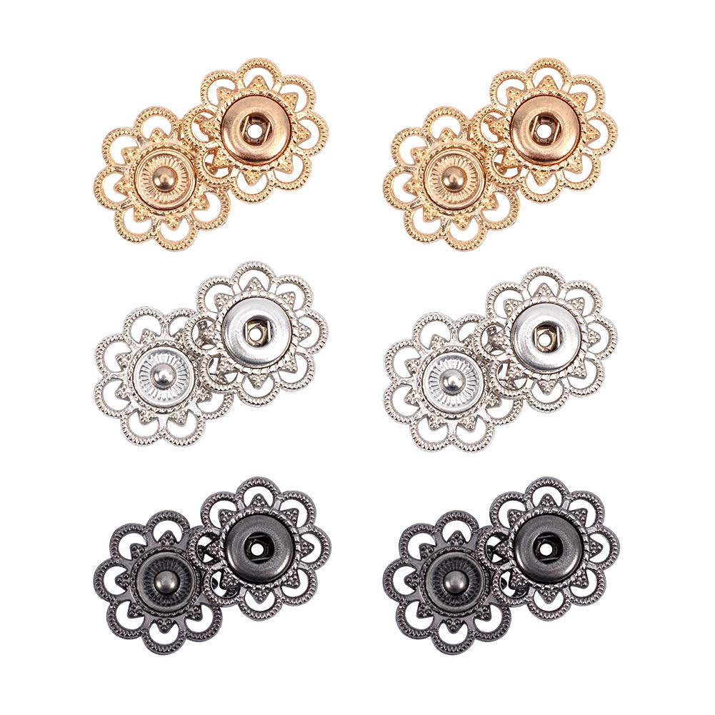 NBEADS 24 Sets Snap Buttons, Alloy Flower Buttons 3 Assorted Colors Vintage Metal Sew On Press Snap Button Fasteners for Costume Design, 20.5mm in diameter