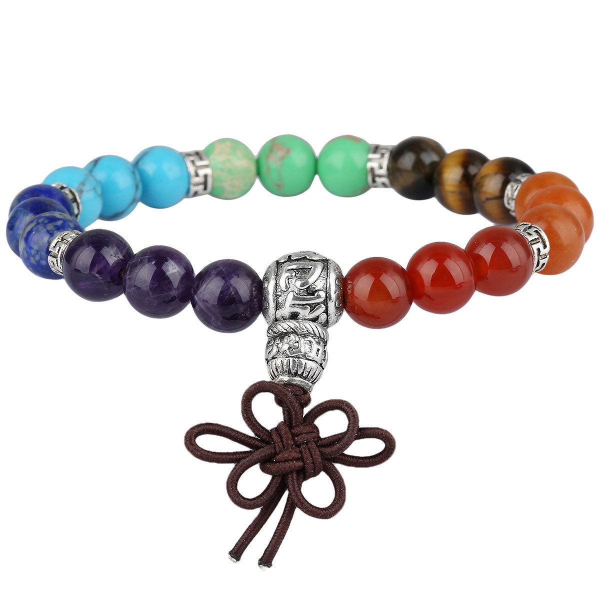 KYEYGWO Mala Prayer Beads Bracelet for Woman, 7 Chakras Crystal Stone Round Beads Stretch Bracelets, Mixed Stone