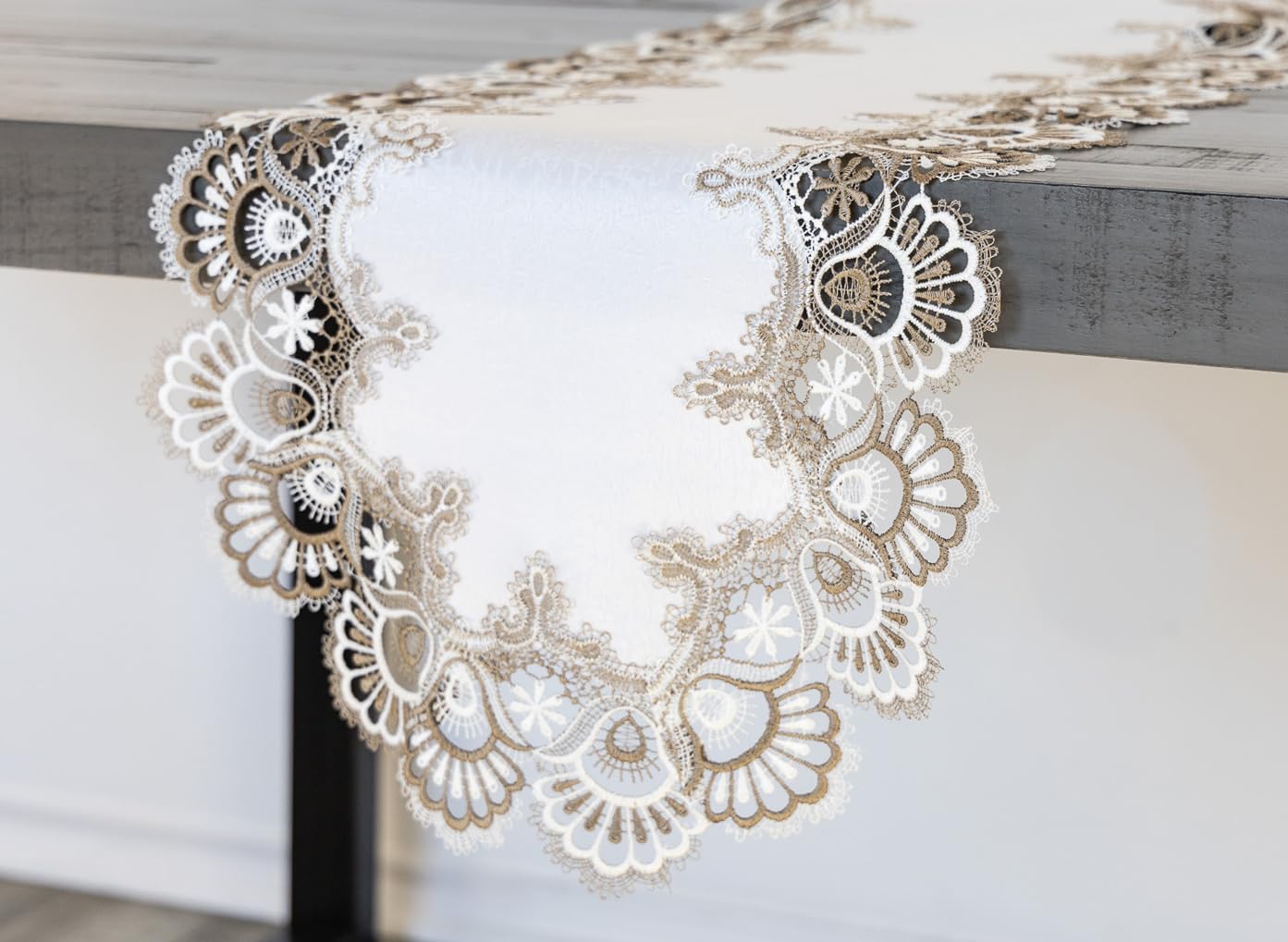 Linens, Art and Things White Cocoa Earth Tones Jacquard Peacock Tail Lace Dresser Scarf Table Runner Coffee Table Runner 16" x 53" Approx